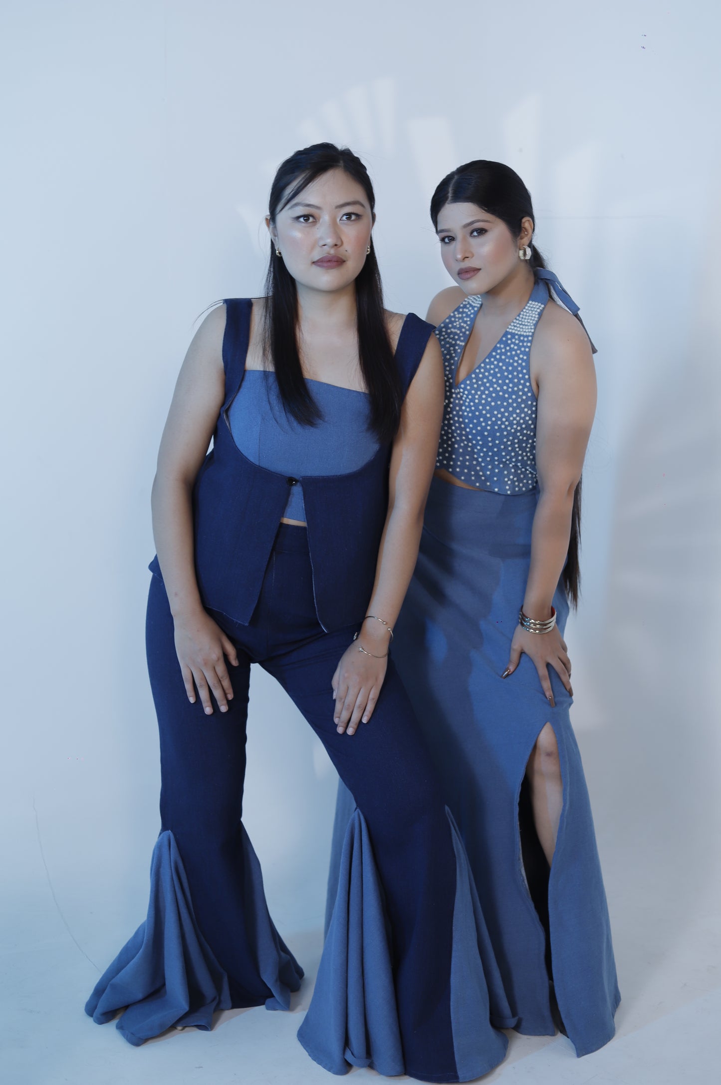Beaded Pearl Denim Two-Piece Dress Set – Halter Crop Top & Slit Maxi Skirt