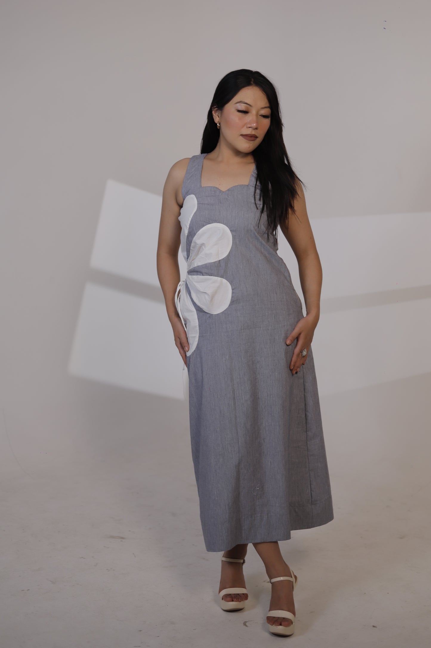 Sleeveless Chambray Maxi Dress with Floral Appliqué