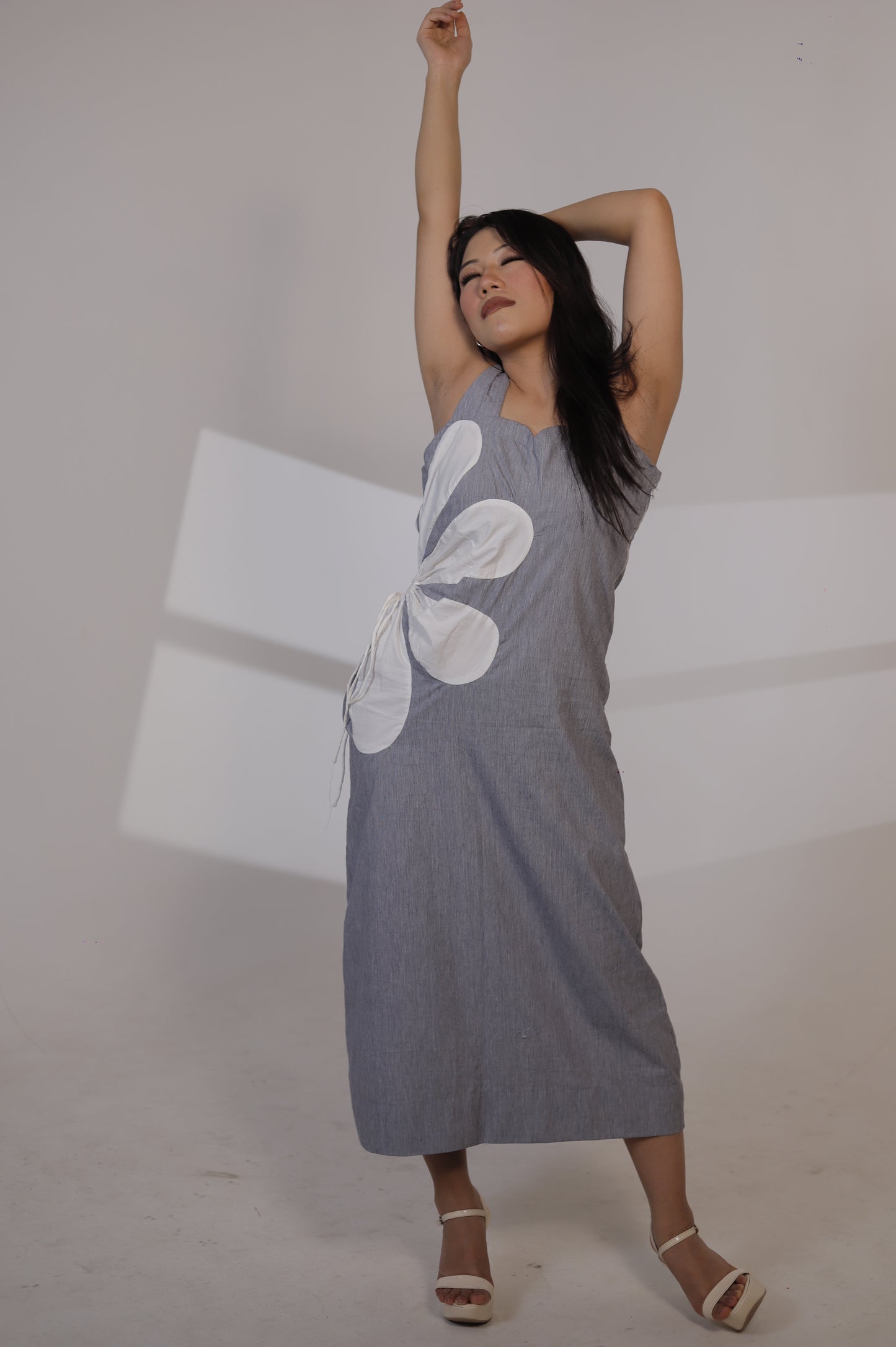 Sleeveless Chambray Maxi Dress with Floral Appliqué