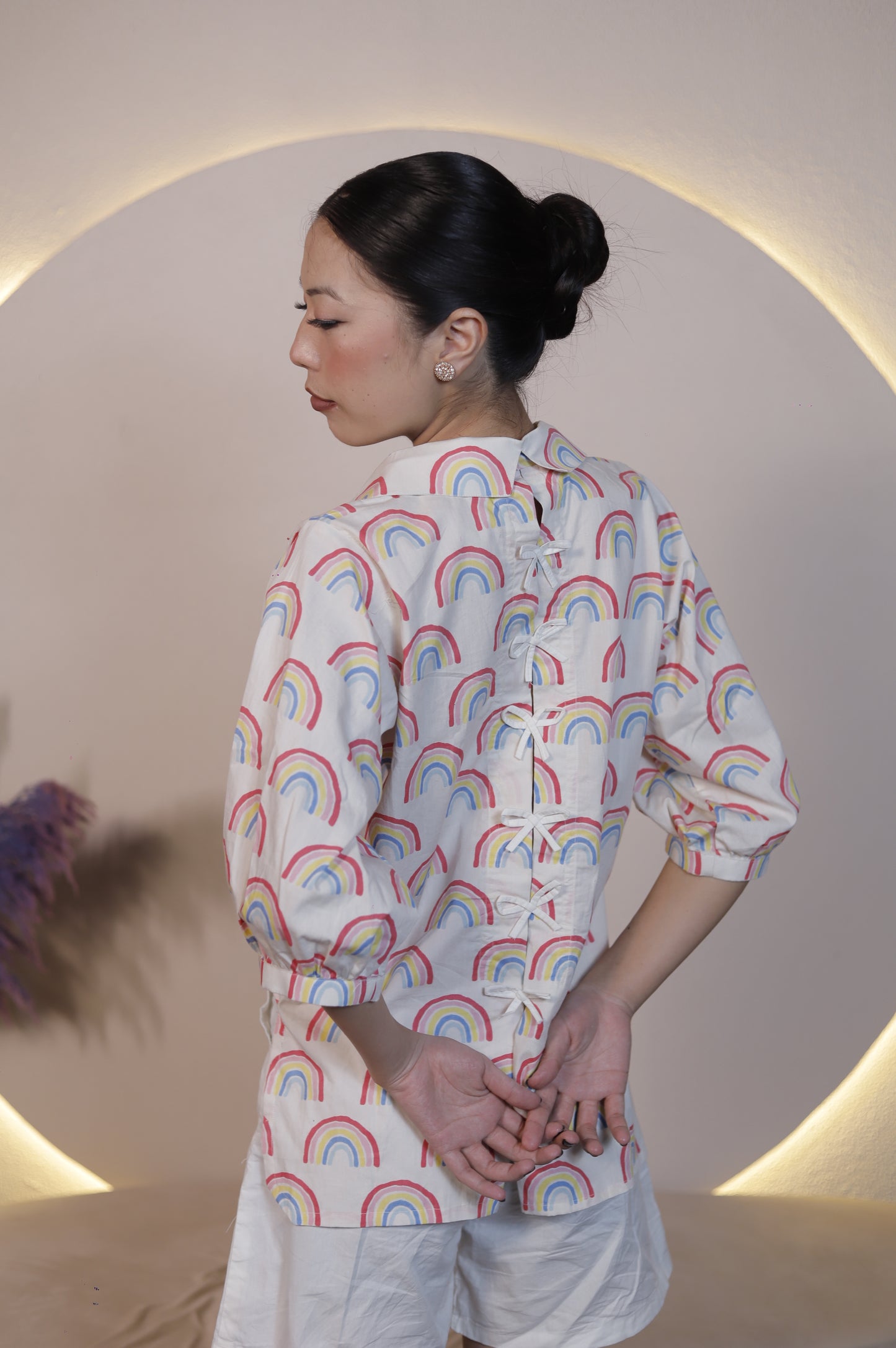 Rainbow Print Back-Tie Cotton Shirt for Women – Cute Casual Top