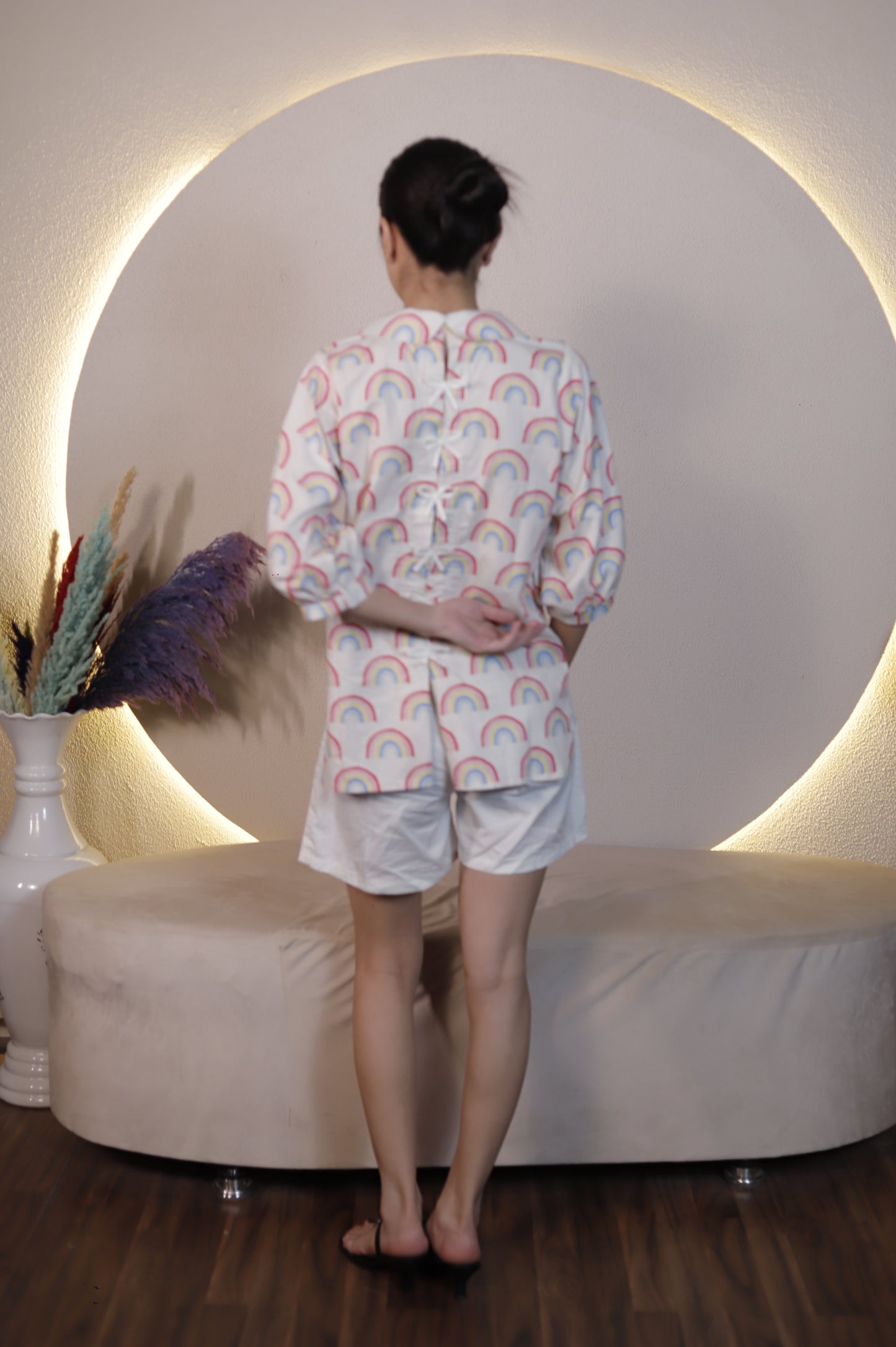 Rainbow Print Back-Tie Cotton Shirt for Women – Cute Casual Top