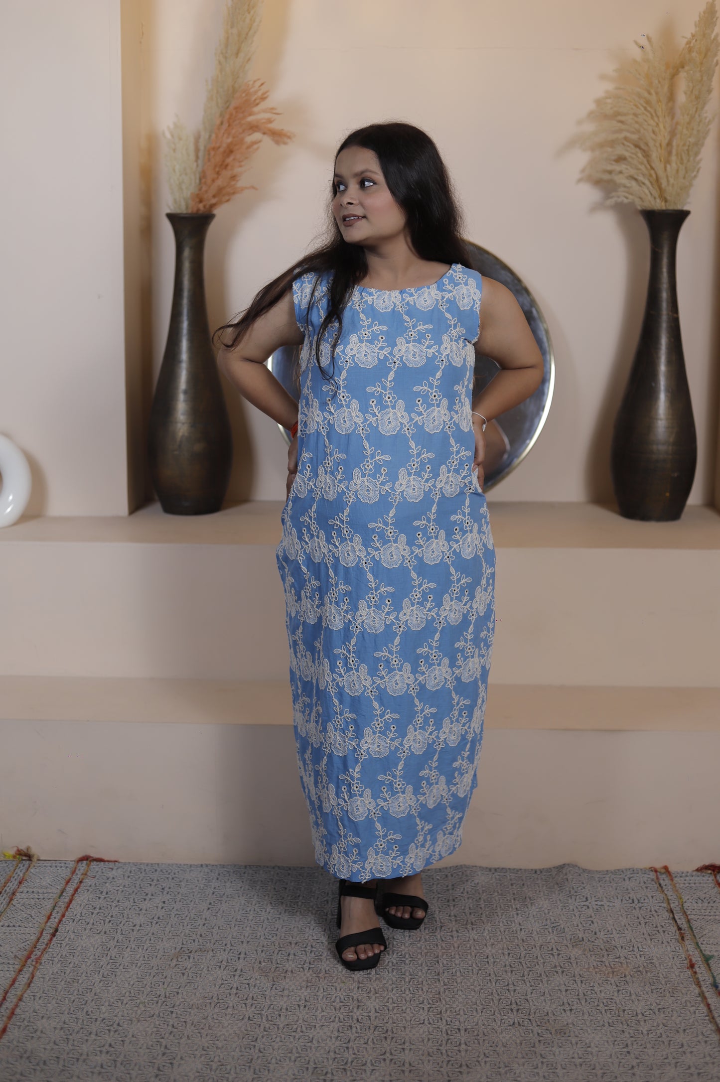 Sky Blue Sleeveless Maxi Dress with White Floral Embroidery