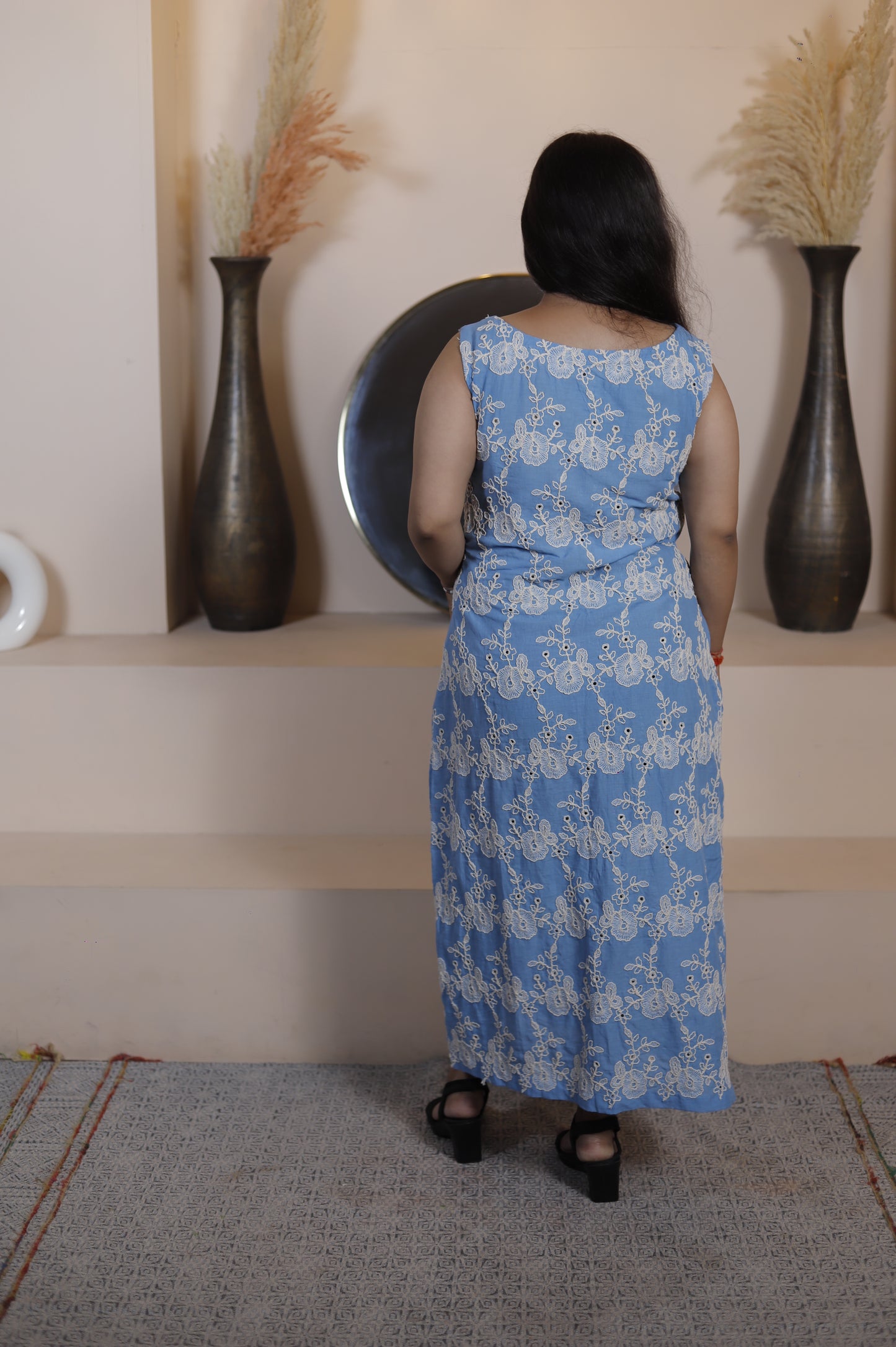 Sky Blue Sleeveless Maxi Dress with White Floral Embroidery