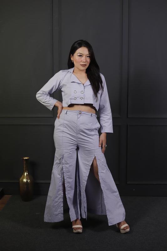Lavender Buttoned Crop Jacket & Front-Slit Wide-Leg Pants Co-ord Set – Statement Women’s Wear