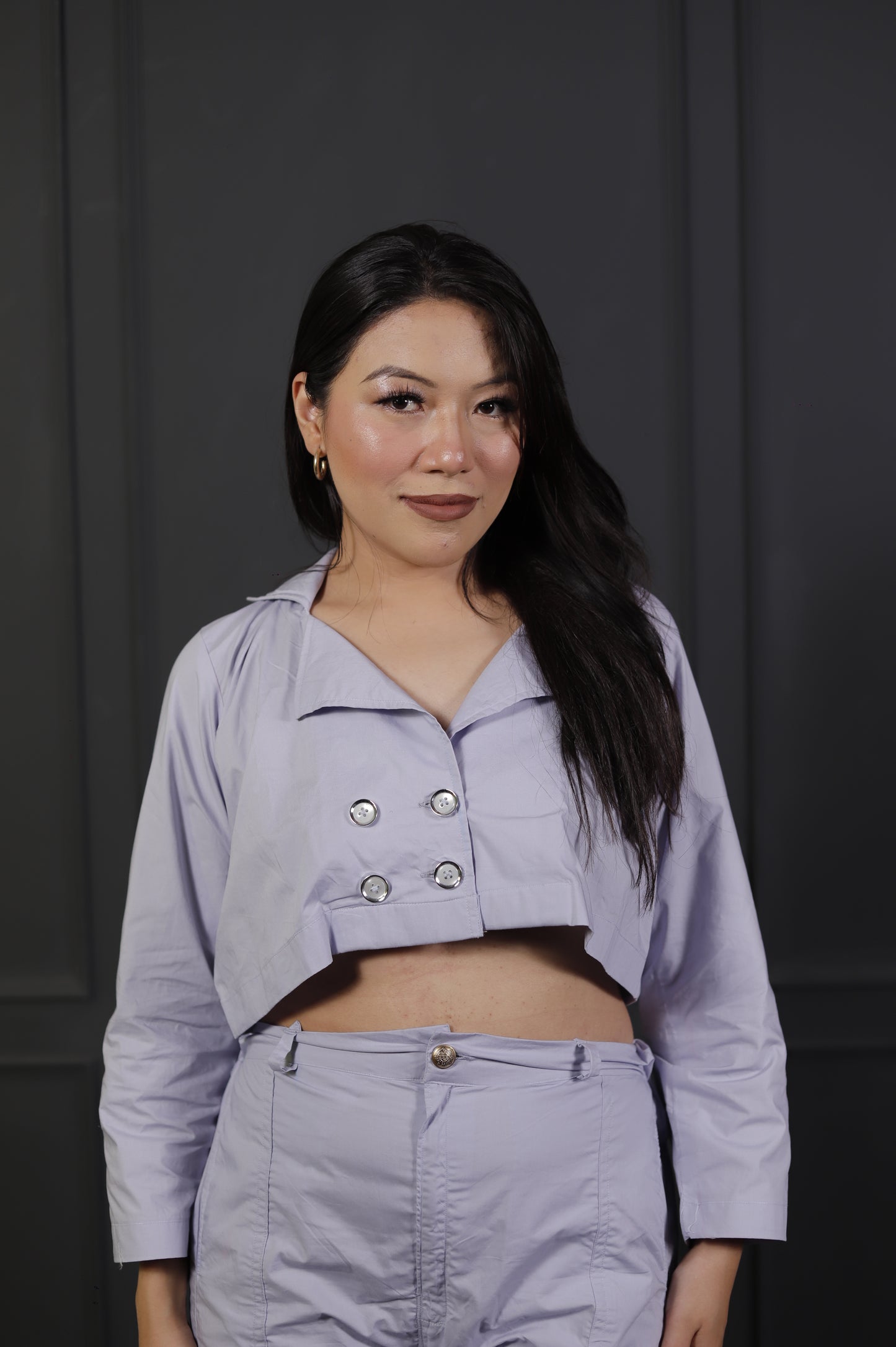 Lavender Buttoned Crop Jacket & Front-Slit Wide-Leg Pants Co-ord Set – Statement Women’s Wear
