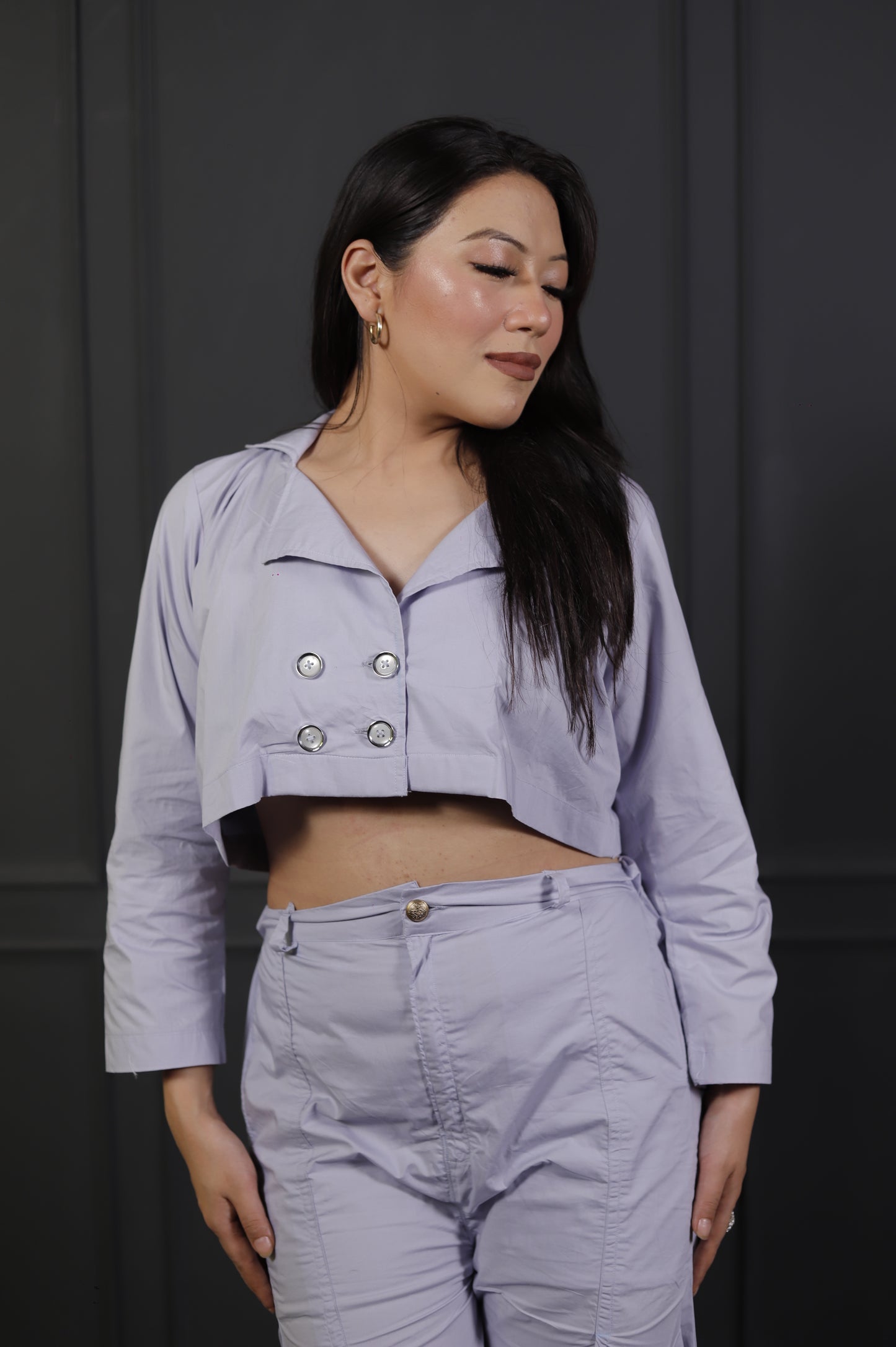 Lavender Buttoned Crop Jacket & Front-Slit Wide-Leg Pants Co-ord Set – Statement Women’s Wear