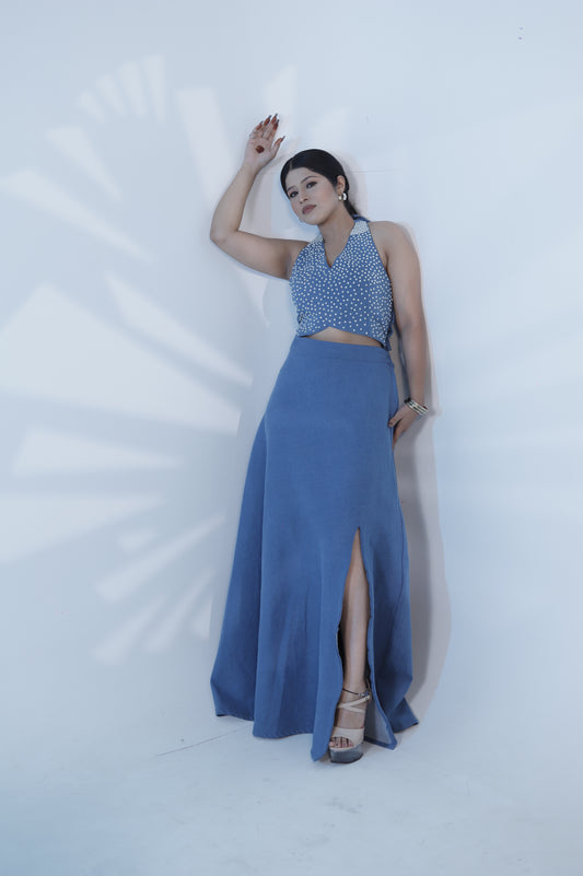 Beaded Pearl Denim Two-Piece Dress Set – Halter Crop Top & Slit Maxi Skirt