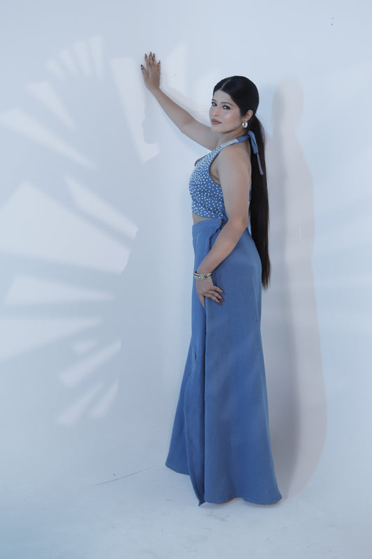 Beaded Pearl Denim Two-Piece Dress Set – Halter Crop Top & Slit Maxi Skirt