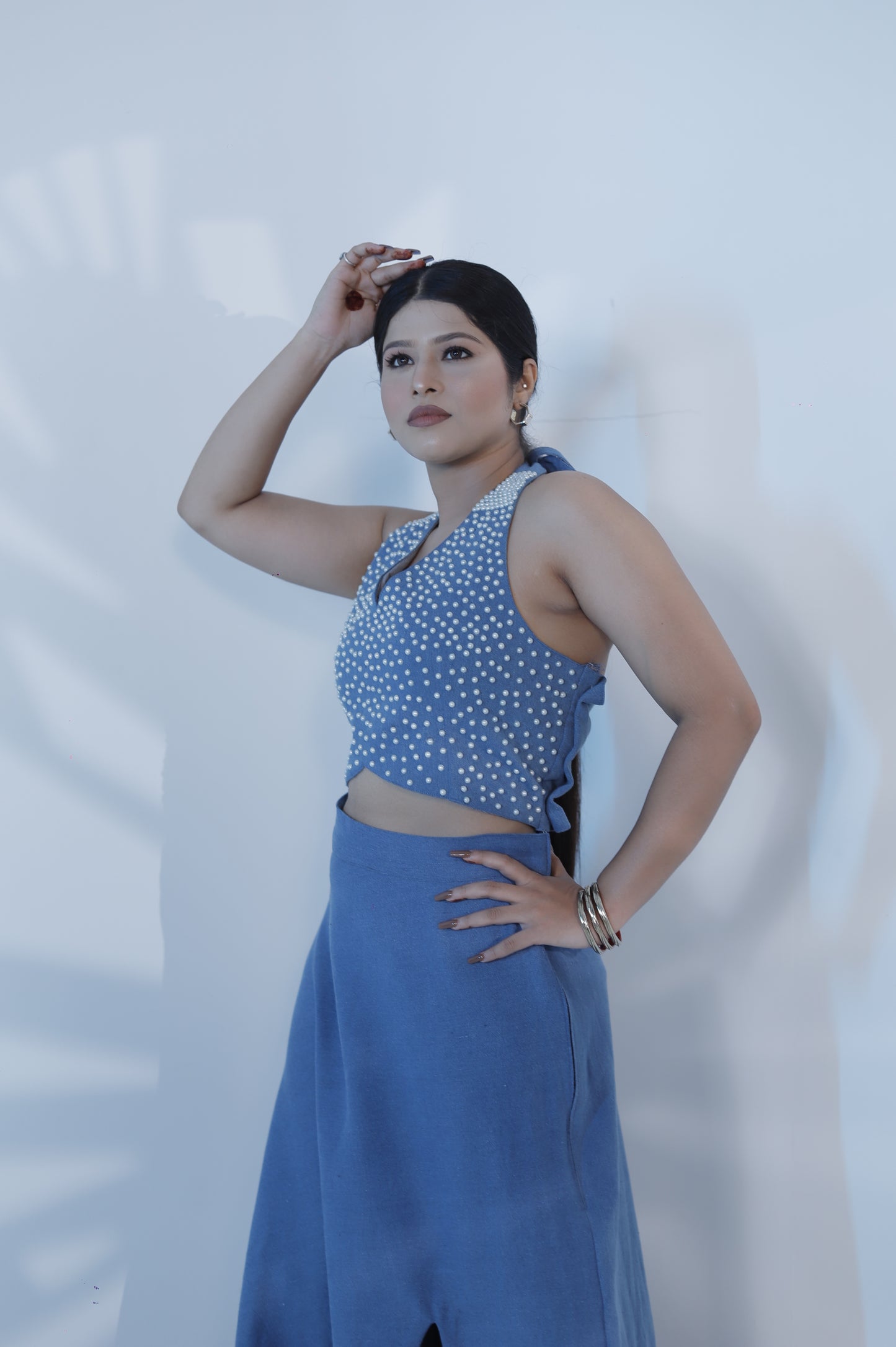 Beaded Pearl Denim Two-Piece Dress Set – Halter Crop Top & Slit Maxi Skirt