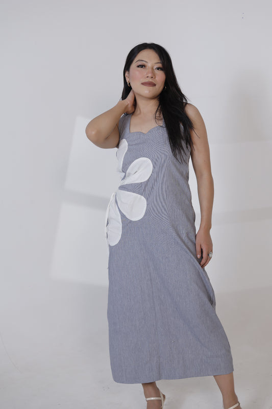 Sleeveless Chambray Maxi Dress with Floral Appliqué