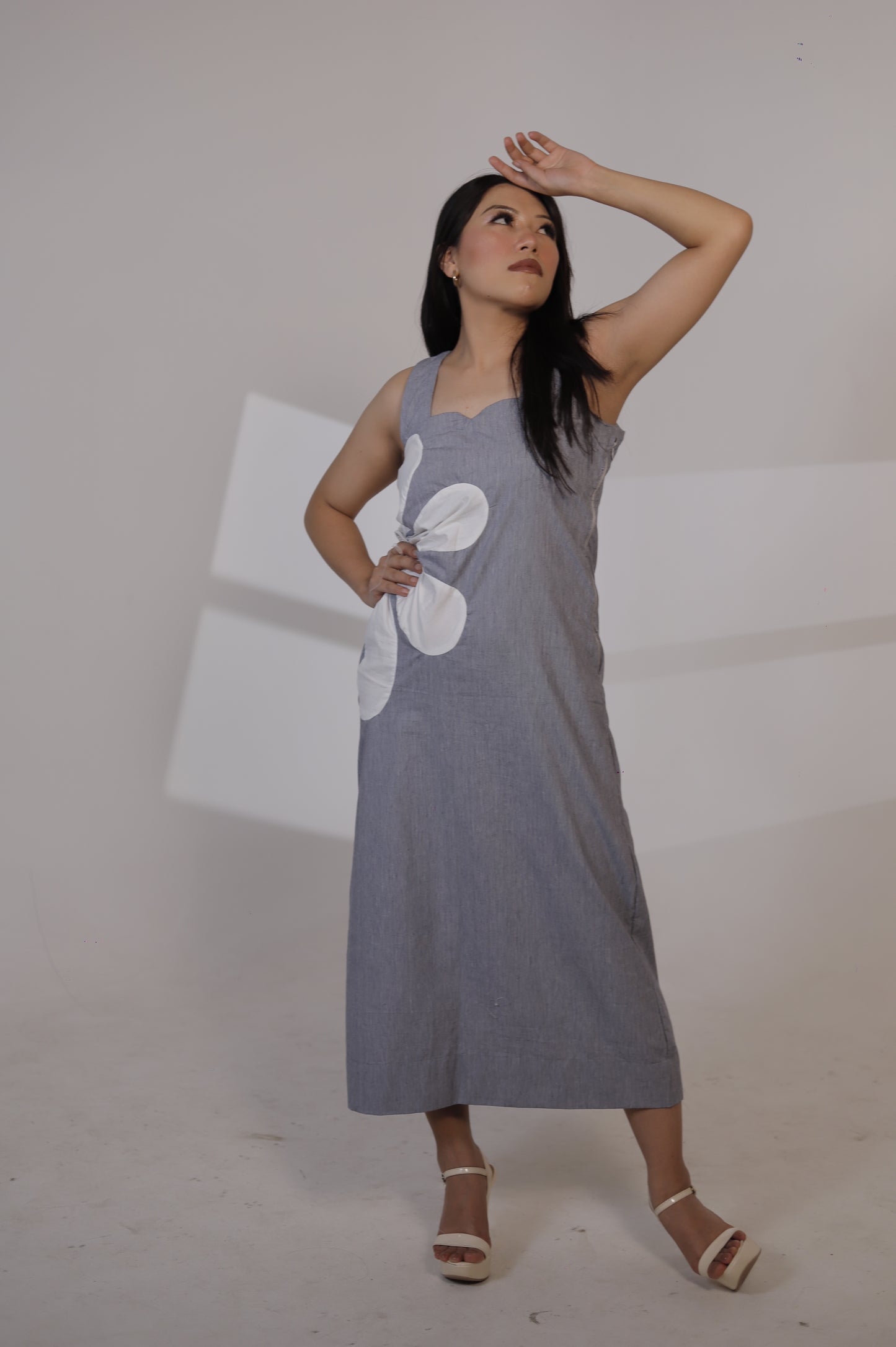 Sleeveless Chambray Maxi Dress with Floral Appliqué