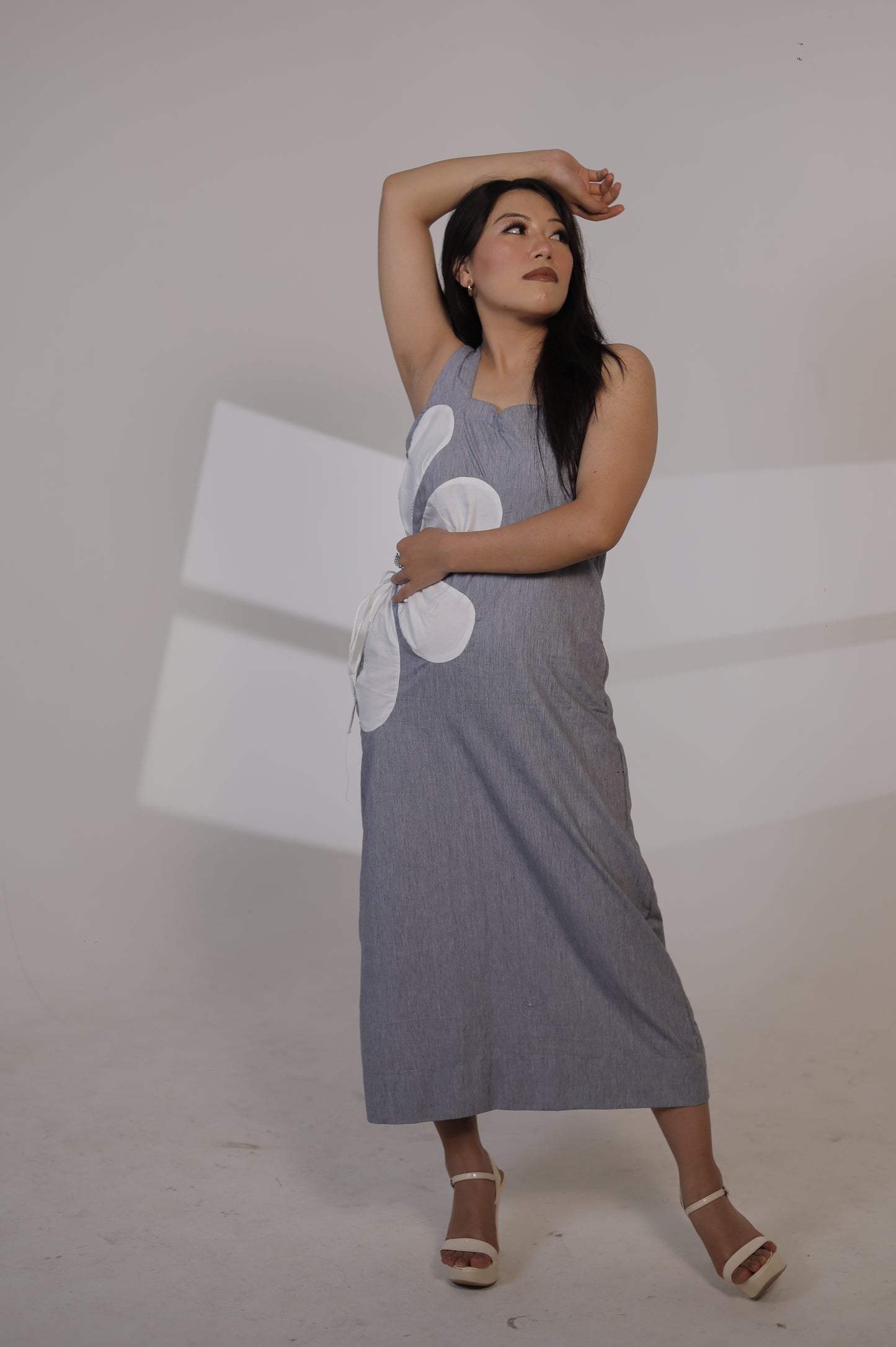 Sleeveless Chambray Maxi Dress with Floral Appliqué