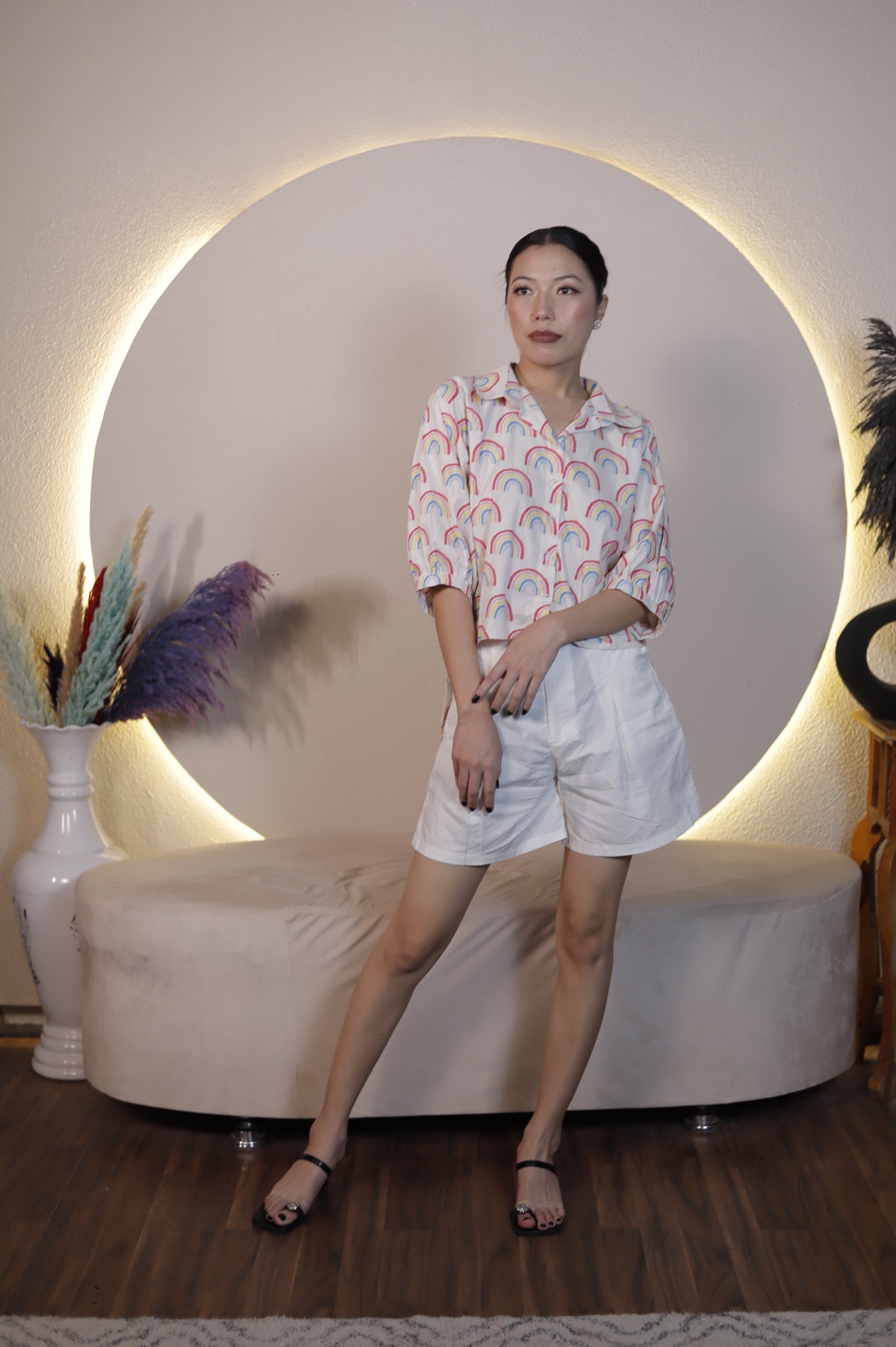 Rainbow Print Back-Tie Cotton Shirt for Women – Cute Casual Top