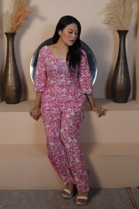 Pink Floral Printed Kurta Set – Square Neck Top & Flared Pants | Summer Festive Wear for Women