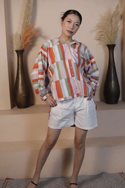 Shop breathable multicolor striped cotton shirt for women. Perfect for casual outings, brunch, travel & summer wear. Trendy & comfortable everyday style.