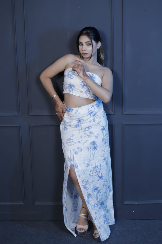 White & Blue Tropical Print Co-Ord Set – Bandeau Crop Top with High-Slit Skirt for Women