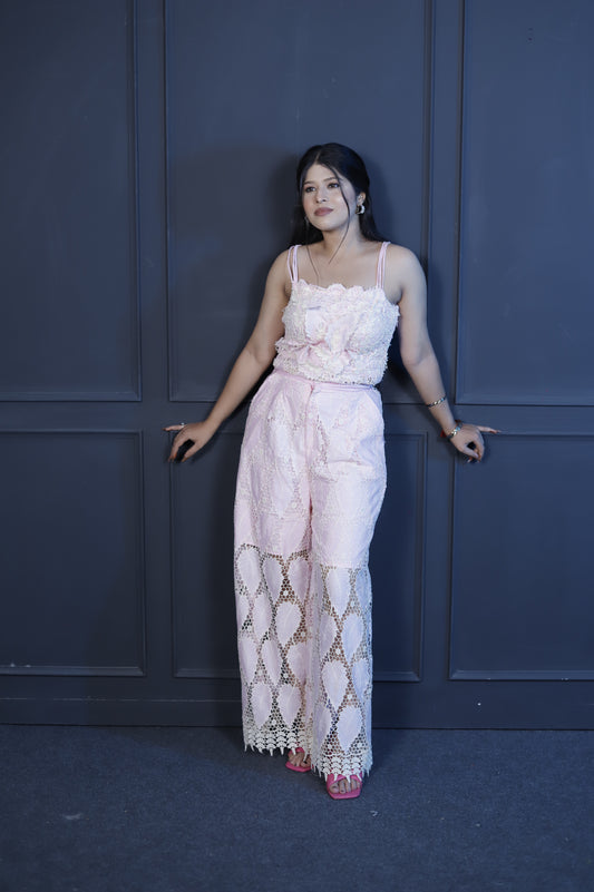 Blush Pink Lace Co-Ord Set – 3D Floral Spaghetti Strap Top with Wide-Leg Pants for Women