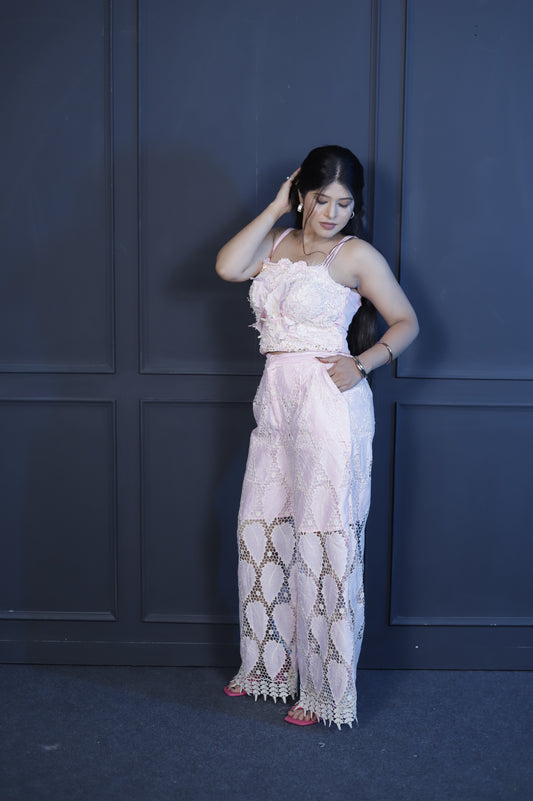 Blush Pink Lace Co-Ord Set – 3D Floral Spaghetti Strap Top with Wide-Leg Pants for Women