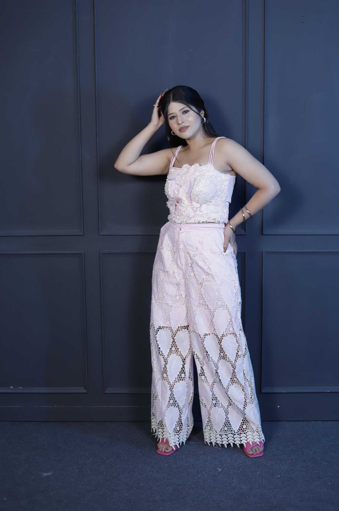 Blush Pink Lace Co-Ord Set – 3D Floral Spaghetti Strap Top with Wide-Leg Pants for Women