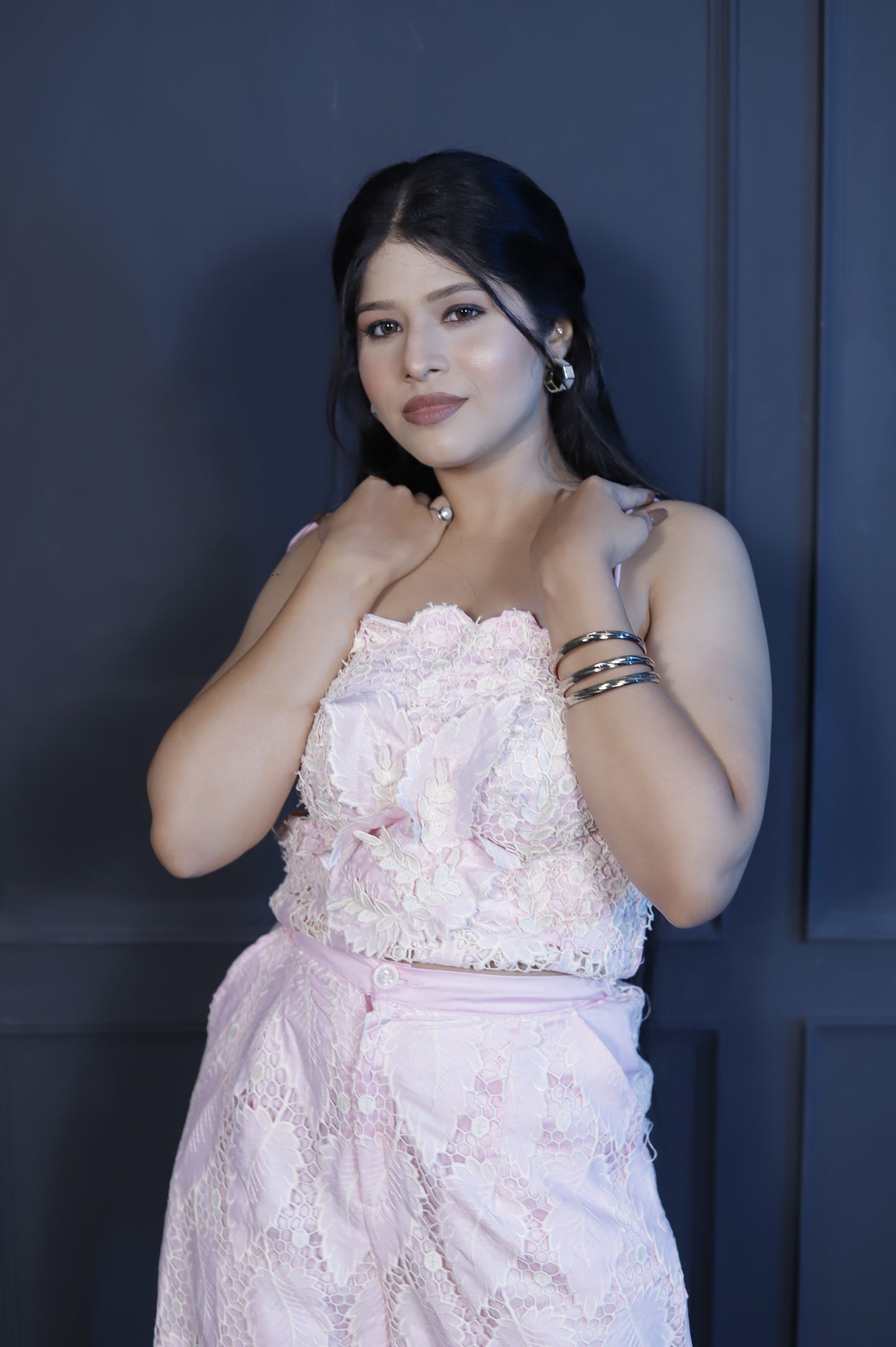 Blush Pink Lace Co-Ord Set – 3D Floral Spaghetti Strap Top with Wide-Leg Pants for Women