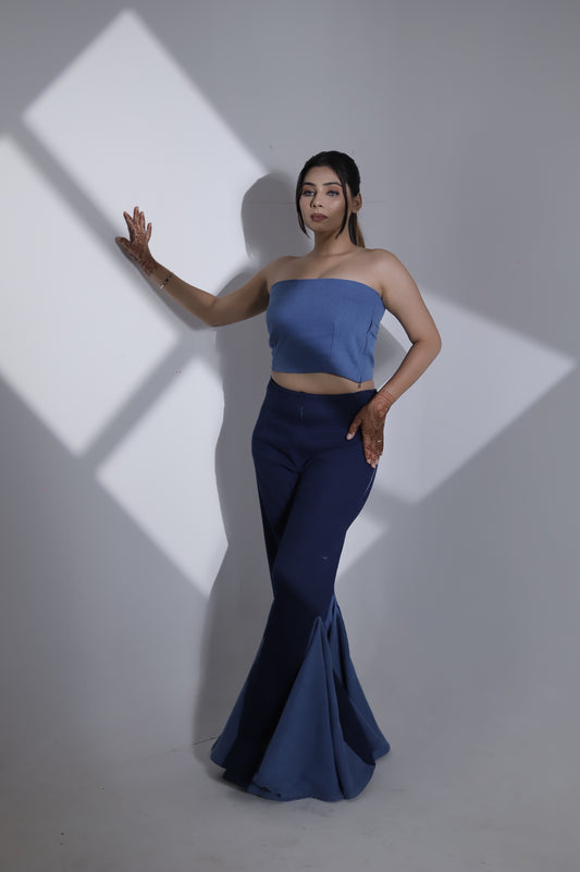 Blue Tube Top & Flared Pants Co-ord Set – Chic Party & Evening Wear for Women
