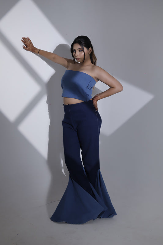 Blue Tube Top & Flared Pants Co-ord Set – Chic Party & Evening Wear for Women