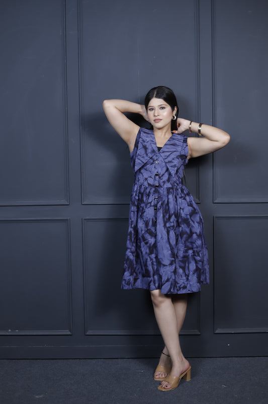 Navy Blue Sleeveless Tie-Dye Button-Front Dress – Casual Fit & Flare Knee-Length Dress for Women