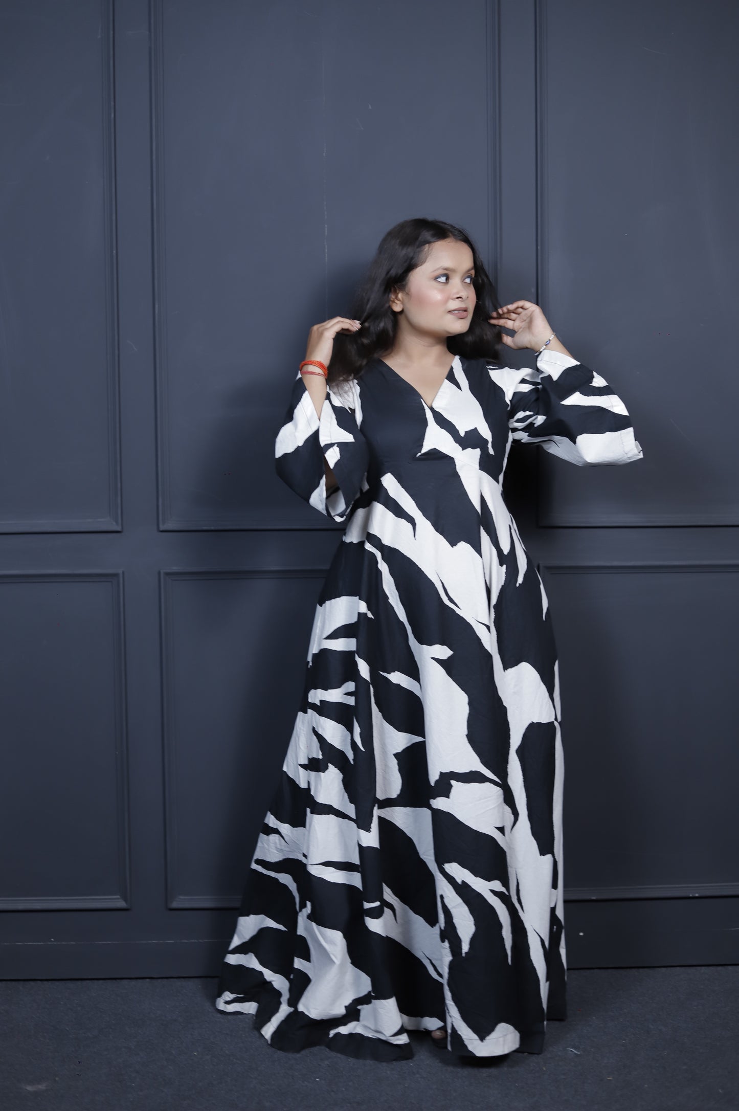 Cow Print Black & White Abstract Maxi Dress for Women | Cotton Flared Gown V-Neck & Flared Sleeves