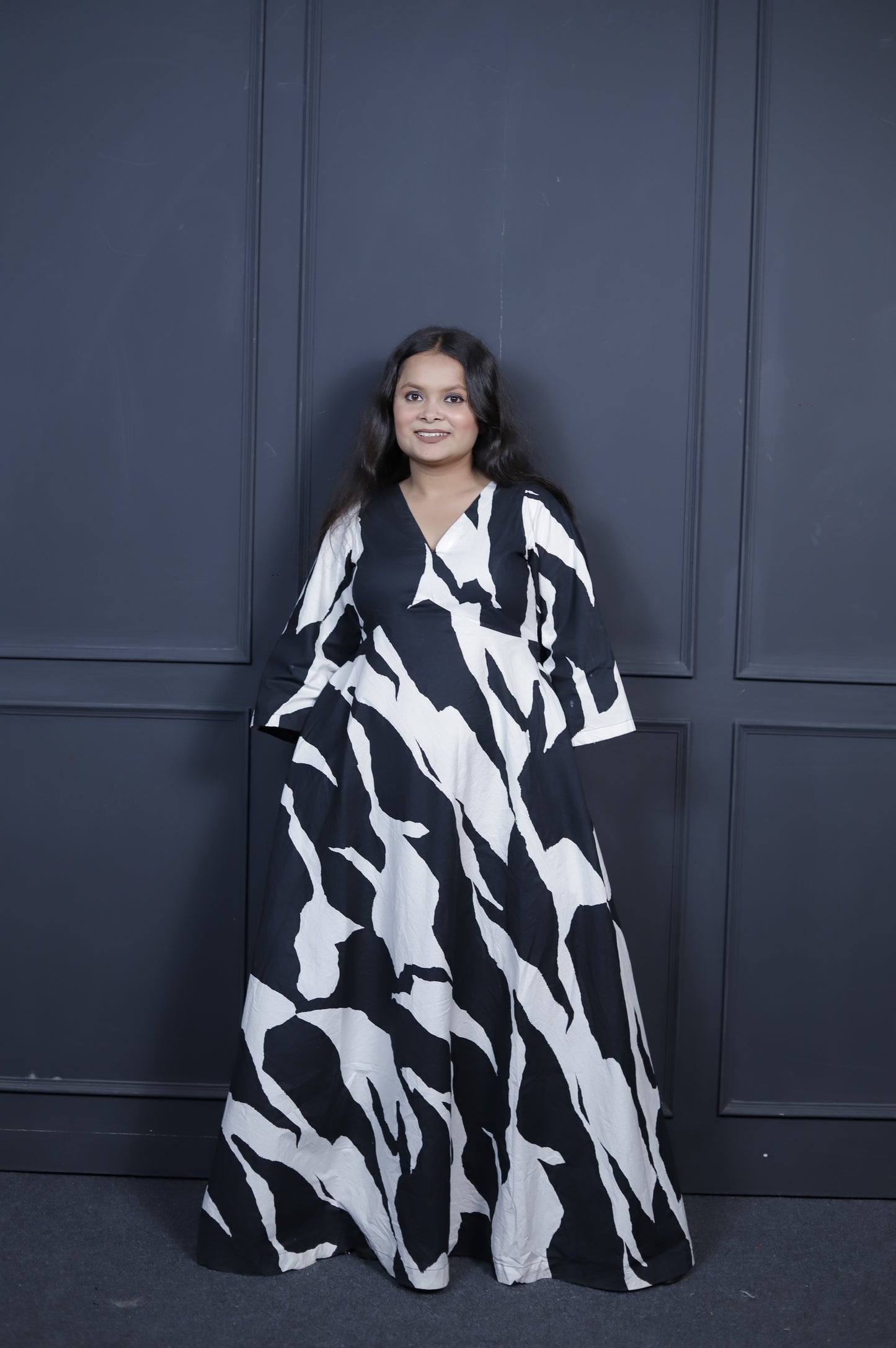 Cow Print Black & White Abstract Maxi Dress for Women | Cotton Flared Gown V-Neck & Flared Sleeves