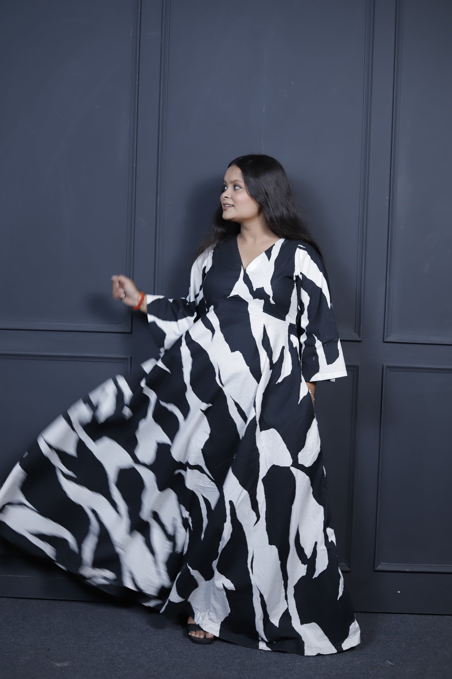 Cow Print Black & White Abstract Maxi Dress for Women | Cotton Flared Gown V-Neck & Flared Sleeves