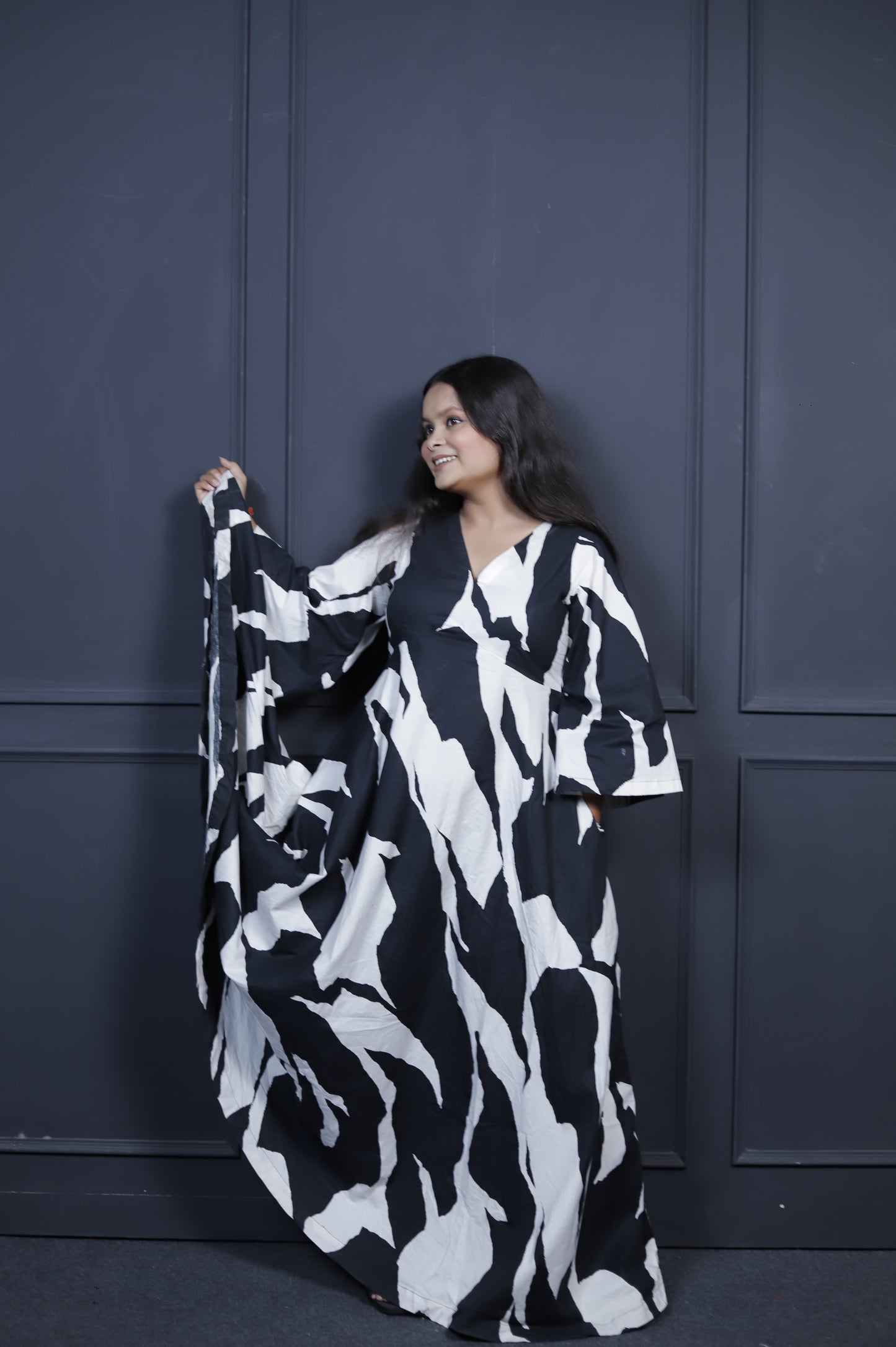 Cow Print Black & White Abstract Maxi Dress for Women | Cotton Flared Gown V-Neck & Flared Sleeves