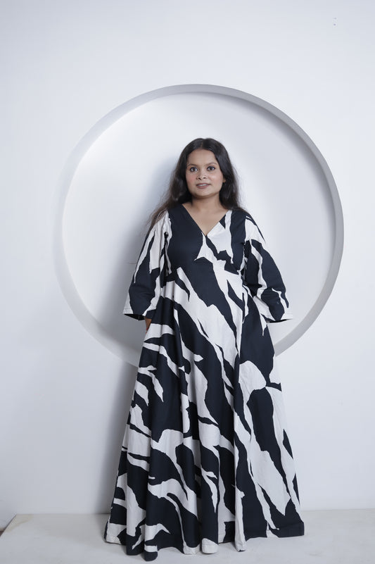 Cow Print Black & White Abstract Maxi Dress for Women | Cotton Flared Gown V-Neck & Flared Sleeves