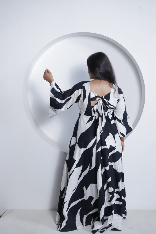 Cow Print Black & White Abstract Maxi Dress for Women | Cotton Flared Gown V-Neck & Flared Sleeves