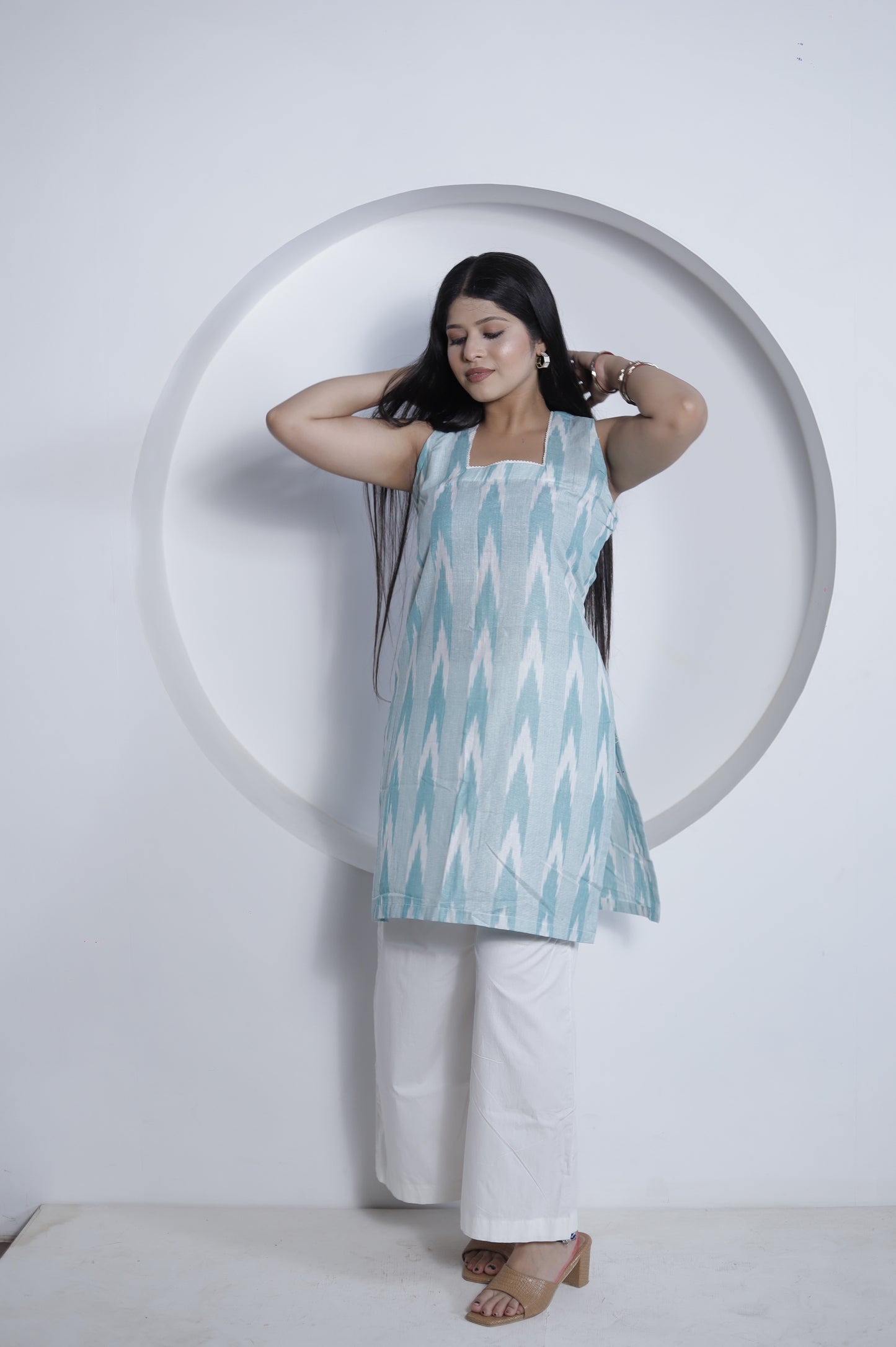 Mint Green Ikat Print Sleeveless Kurta with White Palazzo – Elegant Summer Ethnic Wear for Women