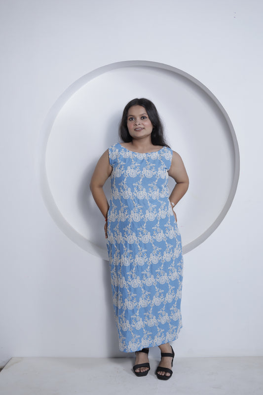 Sky Blue Sleeveless Maxi Dress with White Floral Embroidery
