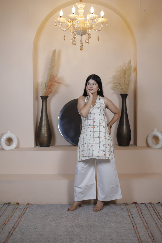 Beige Halter Neck Embroidered Kurta with White Palazzo – Chic Summer Ethnic Wear for Women