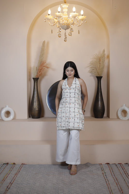Beige Halter Neck Embroidered Kurta with White Palazzo – Chic Summer Ethnic Wear for Women