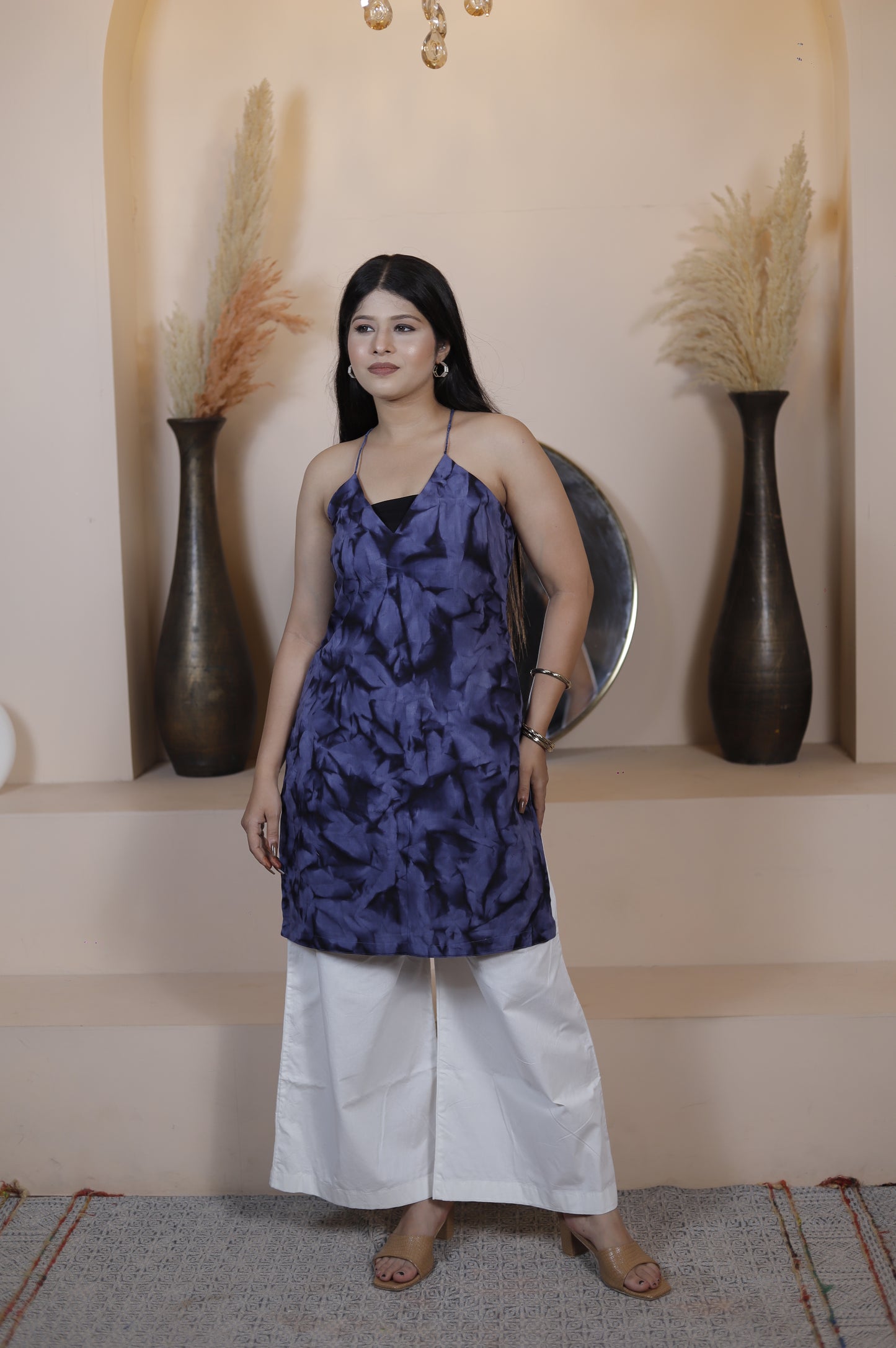 Navy Blue Mom Batik Print Halter Neck Kurta with White Palazzo – Trendy Summer Ethnic Wear for Women