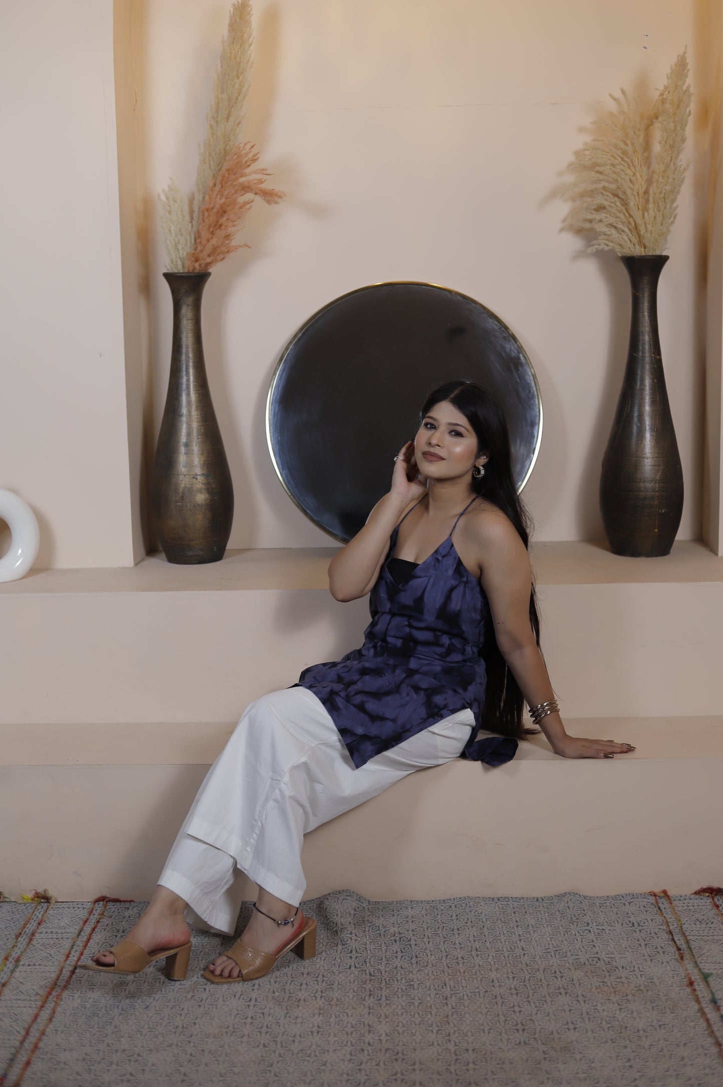 Navy Blue Mom Batik Print Halter Neck Kurta with White Palazzo – Trendy Summer Ethnic Wear for Women