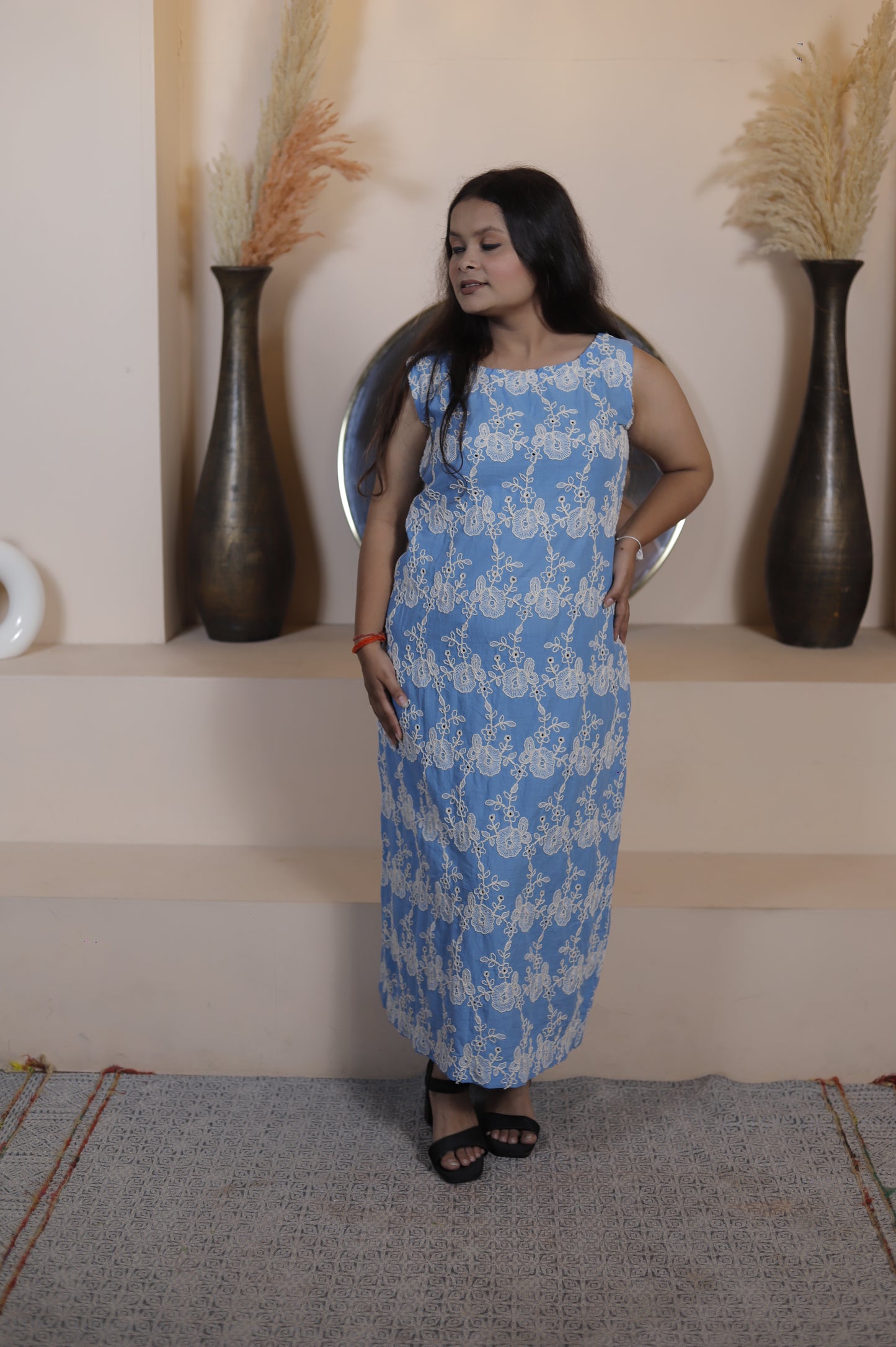 Sky Blue Sleeveless Maxi Dress with White Floral Embroidery